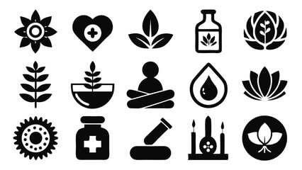 Collection of black vector icons representing health wellness and natural medicine elements