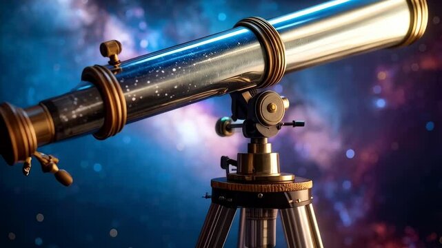 Refractor telescope on stand aimed toward galaxy and starry sky background for astronomical observation and science education