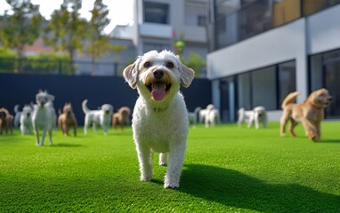 A cheerful white dog stands out in a vibrant green field, surrounded by playful dogs of various breeds. The sunny atmosphere radiates joy and companionship in this lively scene.