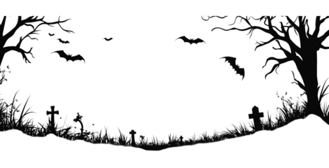 Black silhouette of a graveyard with bats flying in the isolated on a transparent background, PNG image.