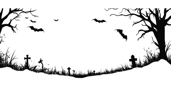 Black silhouette of a graveyard with bats flying in the isolated on a transparent background, PNG image.