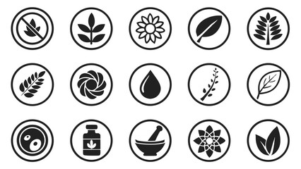 Collection of natural and organic symbols and icons representing health and wellness