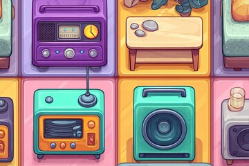 Colorful arrangement of retro audio devices and furniture in a modern design