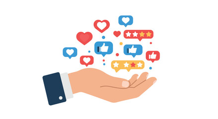 Social media engagement concept with hand holding like and heart icons for digital marketing design vector illustration