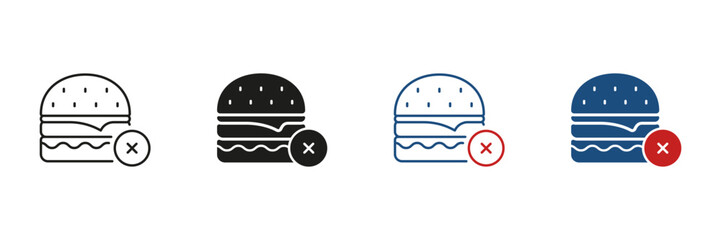 No Junk Food Line and Solid Icon Set. Burger with Prohibition Symbol Collection. Unhealthy Food Restriction. Isolated Vector Illustration