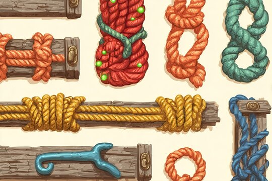 Different types of knots and ropes displayed on wooden textures in a creative arrangement showcasing various colors and styles