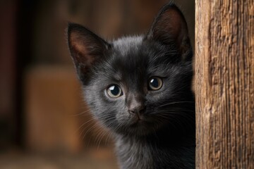 Curious Black Kitten Hiding Behind Wood