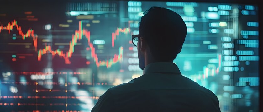 A person analyzing stock market data on a digital screen, showcasing charts and graphs. Ideal for illustrating finance, investment, and modern technology in business.