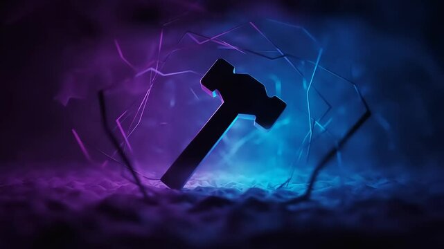 A glowing hammer surrounded by vibrant electric energy in a surreal cosmic setting