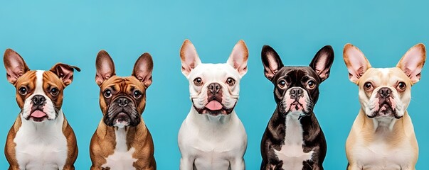 A vibrant group of French Bulldog puppies posing against a bright blue background