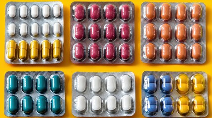 Assorted pill blister packs on yellow background