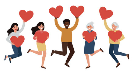 Multigenerational group celebrating love with heart symbols on happy occasion vector illustration