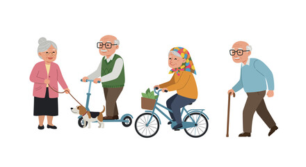 Active seniors enjoying outdoor activities with pets and bicycles vector illustration