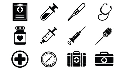Simple black and white medical and healthcare icons with essential equipment illustrations.