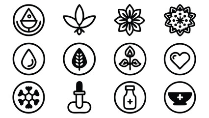 Simple black and white vector icons representing natural elements and healthcare