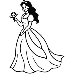 Fototapeta premium Princess in gown holding a rose black and white illustration