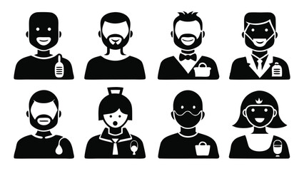 Stylized black and white icons depicting diverse professions and modern personalities