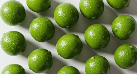 Fresh, vibrant green limes arranged in a neat pattern on a white background