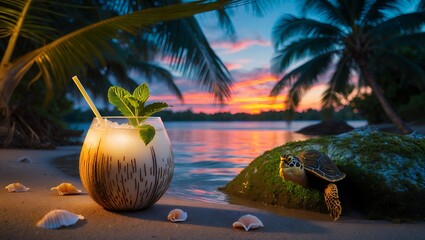 Obraz premium Refreshing Beach Cocktail with Turtle at Sunset Tropical Getaway
