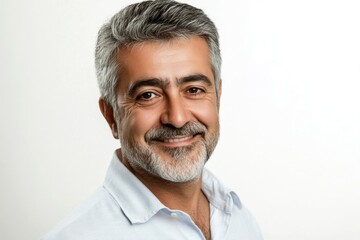 Fototapeta premium Creative art of style for aging men. Pure white solid background. A modern and graceful man smiling naturally. Trendy men's two-block cut haircut - midlife middle eastern man with short hair.