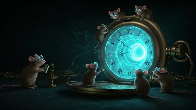 A group of animated mice wearing glasses interact with a glowing clock in a dark, mystical setting