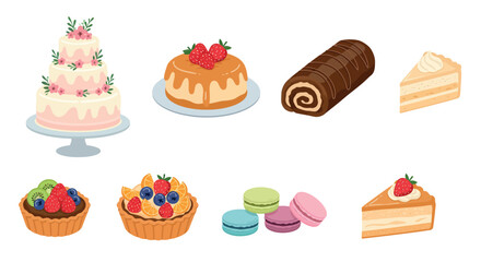 Assorted desserts with cakes, tarts, and macarons for a celebration vector illustration