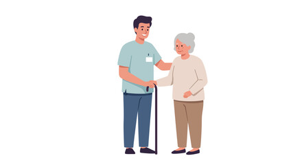 Caring interaction between elderly woman and young man for elder support concept vector illustration