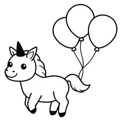 Cute cartoon unicorn with balloons line art
