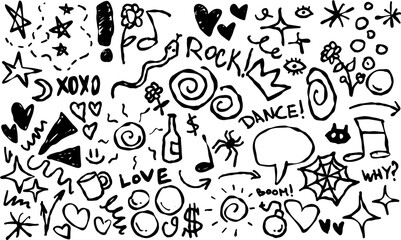 Doodle handdrawn design with music, hearts, stars, and fun sketch elements. Ideal for decoration and backgrounds.
