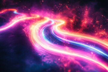 Obraz premium Abstract Neon Light Trails in Space, Cosmic Energy Flowing Through a Nebula, Futuristic Design.