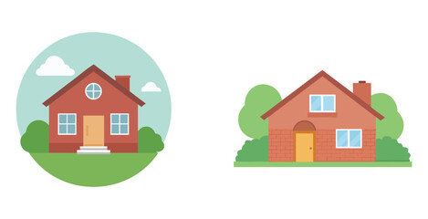 Beautiful brick house exterior with classic red brick home design vector art set