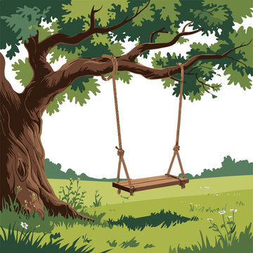 A charming cartoon illustration of a wooden swing hanging from a mature tree branch in a green field.