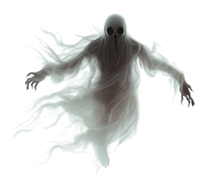 Ghostly apparition floating in the air, isolated on a transparent background, PNG image.