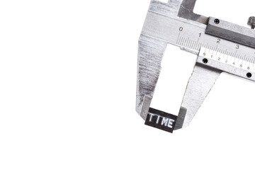 Caliper with word time on white background. Concept lack of time.