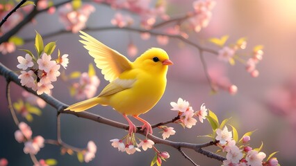 Fototapeta premium canary singing on a blooming cherry blossom branch yellow tit on branch yellow bird on a branch&nbsp;