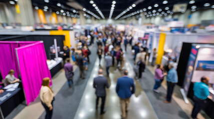 Busy trade show with diverse crowd walking between colorful exhibition booths.
