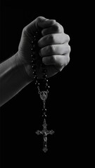 Devoted Grip &ndash; Black and White Rosary in Hand with Intense Emotion