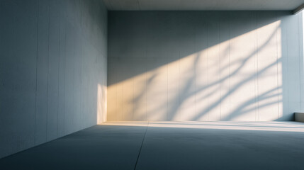 Obraz premium Minimalist empty concrete room with large window and tree shadows on wall. 