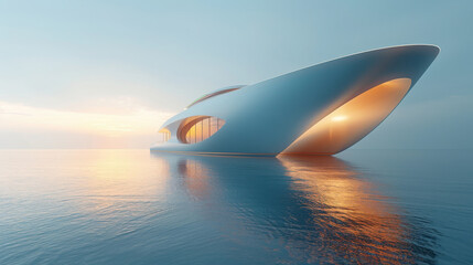 Obraz premium Modern, graphic style, white and blue, clean white metal ship, white space.