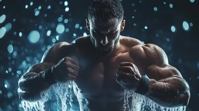 Muscular athlete flexing under dramatic lighting with water splashing in the background