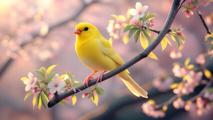 A canary singing on a blooming cherry blossom branch yellow tit on branch yellow bird on a branch 
