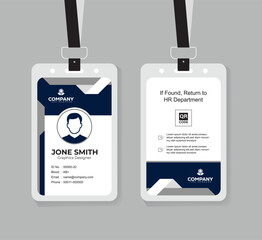 Modern Navy Blue and White ID Card Design Template with QR Code for Company Staff and Employee