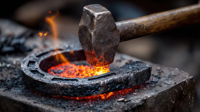 Blacksmith Forging Hot Horseshoe with Hammer and Anvil, Flames, Closeup
