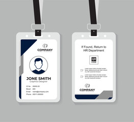 Modern Navy Blue and White ID Card Design Template with QR Code for Company Staff and Employee