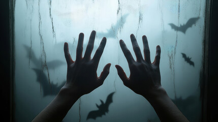 A Silhouetted hands reach towards foggy window with bats flying outside, creating spooky atmosphere