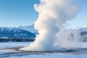 Majestic geyser erupts steam against snowy mountain range winter wonderland