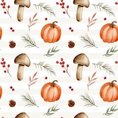 Watercolor pattern with mushrooms, pumpkin, leaves, berries for autumnal design. Fall seamless pattern.