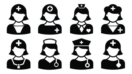 Black and white iconography collection of diverse female medical professionals representing healthcare
