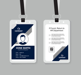 Modern Navy Blue and White ID Card Design Template with QR Code for Company Staff and Employee