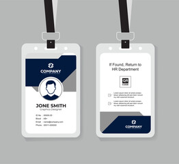 Modern Navy Blue and White ID Card Design Template with QR Code for Company Staff and Employee